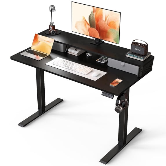 Kingant Electric Standing Desk with 2 Drawers, Sit to Stand Desk with Storage Shelf and C-Clamp Mount Compatibility for Home Office, Black