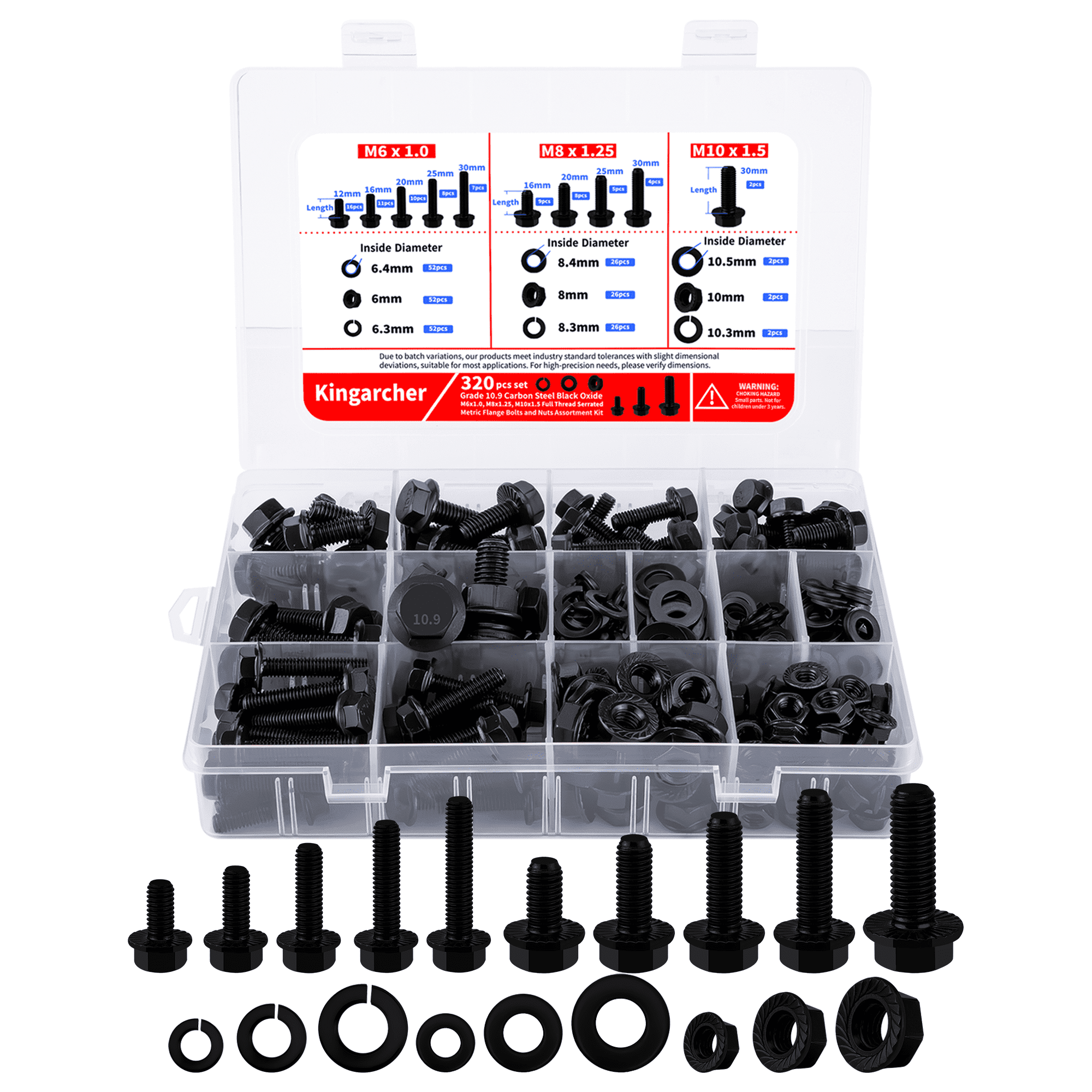 Kingarcher 320 Pcs Metric Flange Bolts and Nuts Set – M6 x 1.0, M8 x 1.25, M10 x 1.5, Carbon Steel Black Oxide Assortment Kit with Flat and Spring Lock Washers in Storage Case
