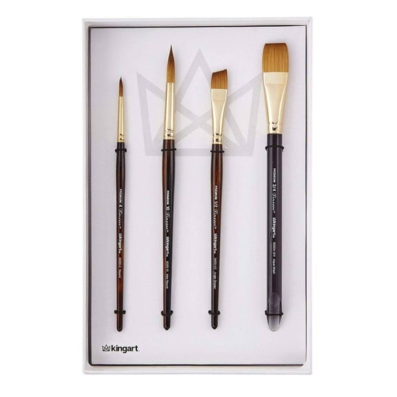Kingart Finesse Kolinsky Sable Synthetic Blend, Premium Brown Watercolor Artist Brushes, 4/Set, All Ages