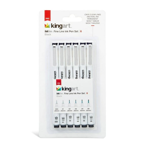 KINGART Inkline Fine Line Art & Graphic Pens, Archival Black Japanese Ink, Set of 6 Unique Tips