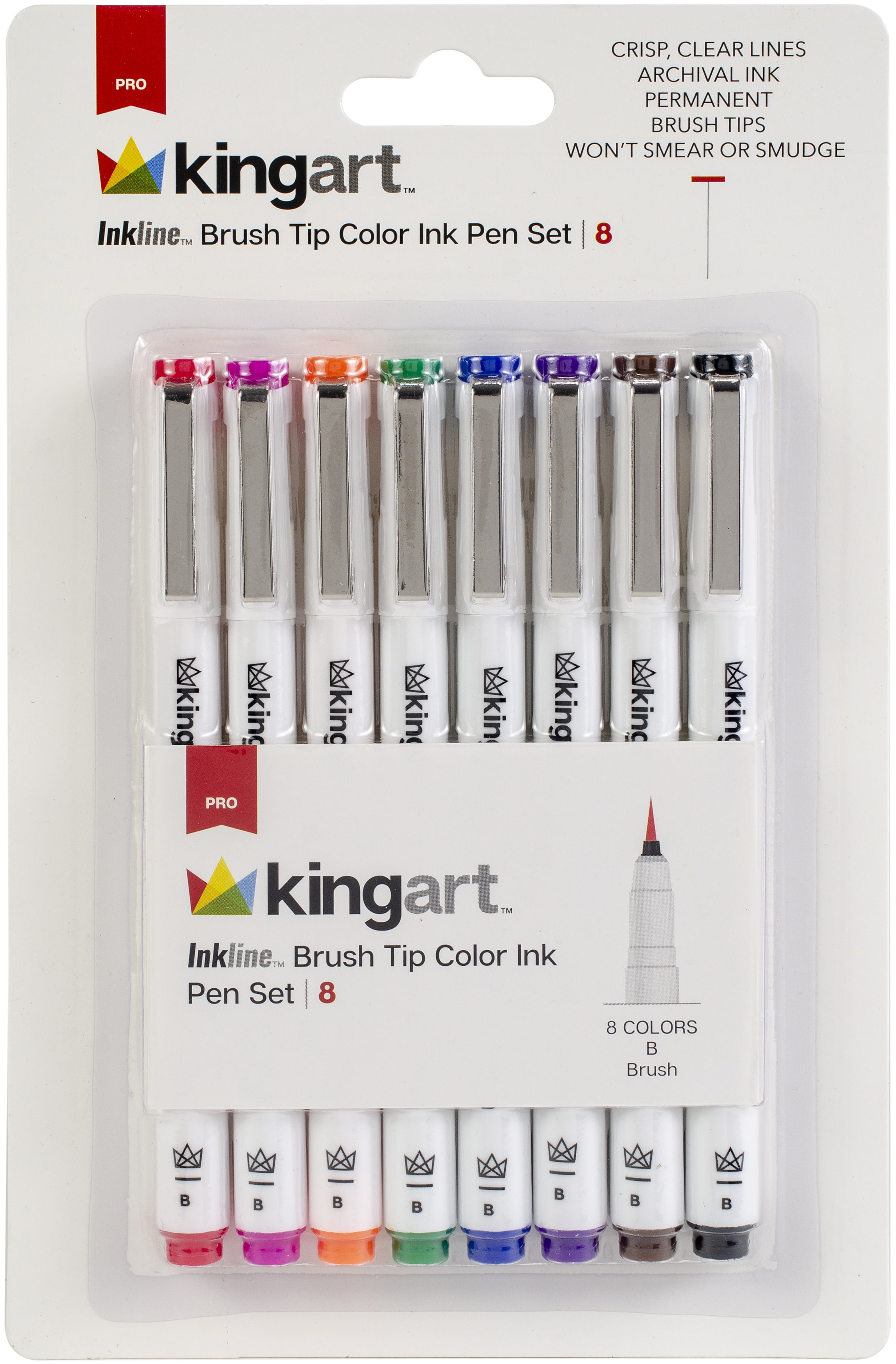 Kingart Inkline Brush Tip Color Ink Pen Set 8/Pkg - Assorted Colors