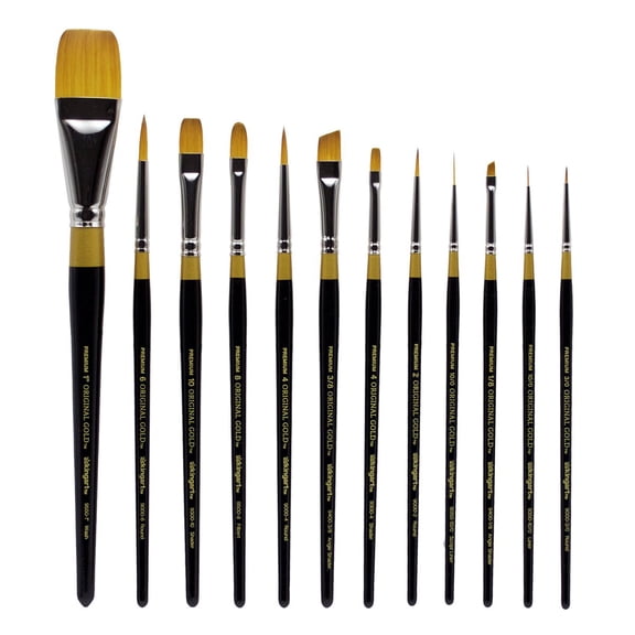 Kingart Original Gold, Golden Taklon Brushes, Set of 12, All Ages