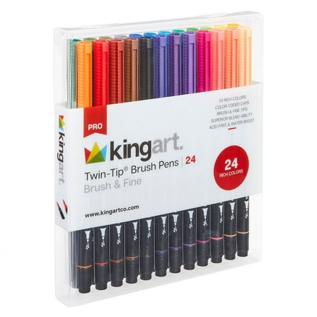 KINGART Pro Twin Tip Brush Markers – 24 Vibrant Colors, Art Supplies for Adult Coloring, Drawing