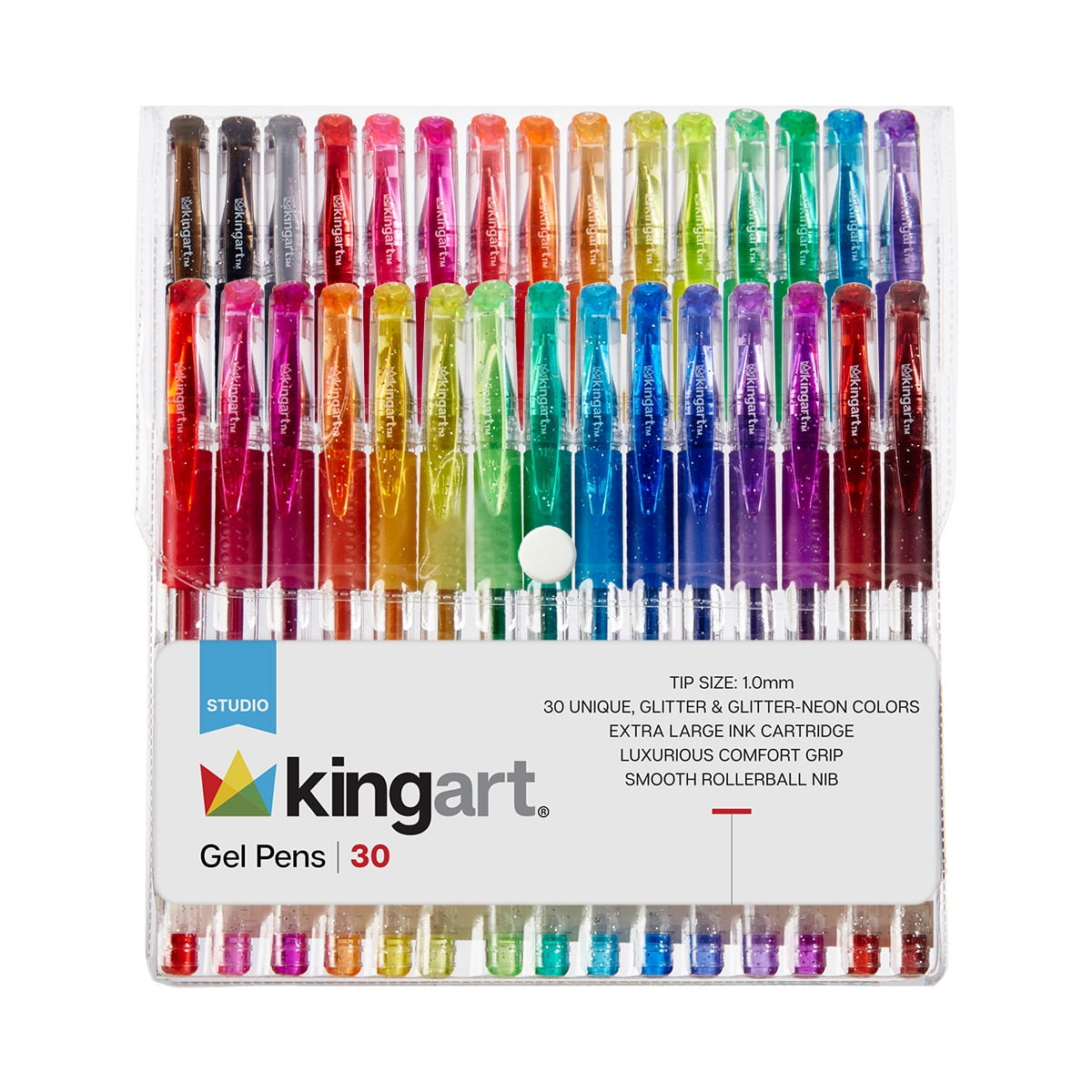 Kingart Soft Grip Glitter Gel Pens, XL 2.5mm Ink Cartridge, Set of 30 Unique Colors