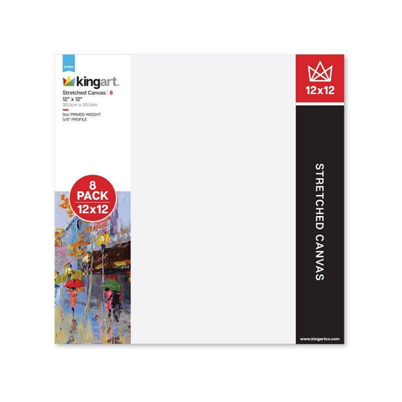 Kingart Stretched White Canvas 12" x 12", 100% Cotton, Gesso-Primed, 8-Pack, All Ages
