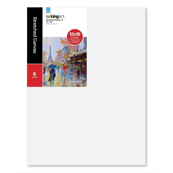 Kingart, Stretched White Canvas 12" x 16", 100% Cotton, Gesso-Primed, 6-Pack, All Ages