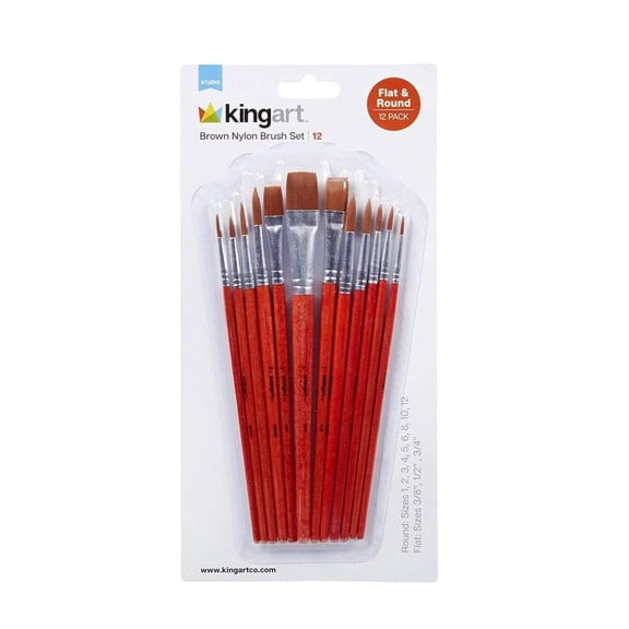Kingart Studio Brush Set, Brown Nylon Round and Flat Brushes, 12 Pc, for All Ages