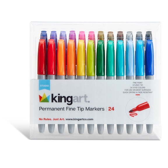 Kingart Studio, Permanent Fine Tip Markers, Set of 24 Vivid Colors