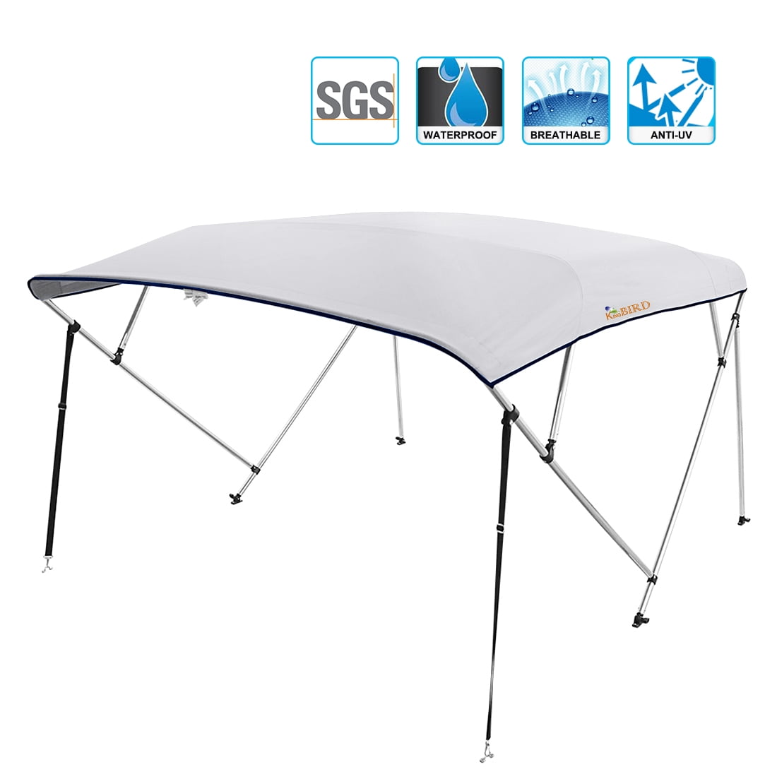 Kingbird 4 Bow Bimini Boat Top Cover Sun Shade Boat Canopy Waterproof 1 Inch Stainless Aluminum Frame 55" Height with Rear Support Poles and Storage Boot ?Grey,91"-96"?