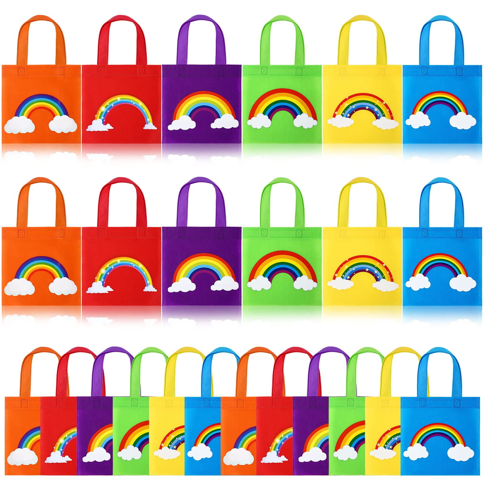 36-Pack Small Rainbow Party Favor Bags, 5.5x3.2x9-Inch Paper Goodie Bags  with Stickers for Birthday Party Supplies (6 Designs)
