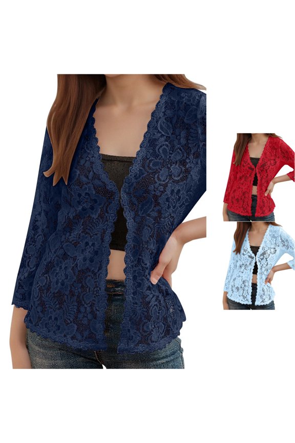 Women's Casual Solid Color Cardigan Lacy Sheer Beach Cover Up Shirt For Sun Ladies Cardigan Sweaters, Size S