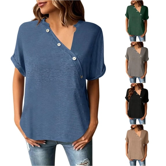 Kingdiese Womens Casual Short Sleeve Button Front Tunic Top Solid Summer Fashion Tee Girls Size 13, Size XL
