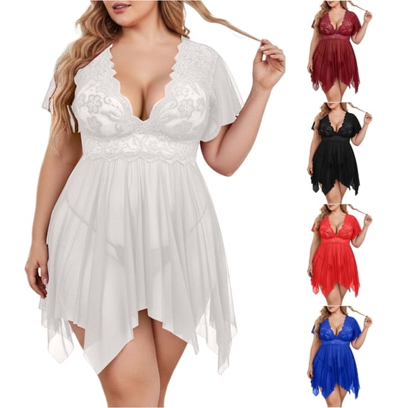 Kingdiese Womens Elegant Plus Size Lace Mesh Bodysuit With Floral Embroidery And Nightgown Style For plus Nightgown, Size XXXXL