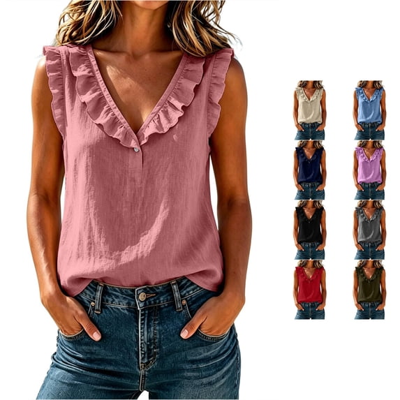 Kingdiese Womens Ruffle Neck Sleeveless Tank Top Summer Loose Fit Casual Blouse Athletic Short Sleeve Shirt Women, Size S