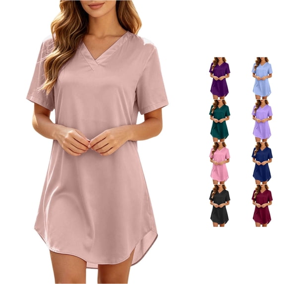 Kingdiese Womens Satin Sleepshirt Short Sleeve Nightgown Loose Fit Night Dress Summer Womens Bed Jackets, Size L