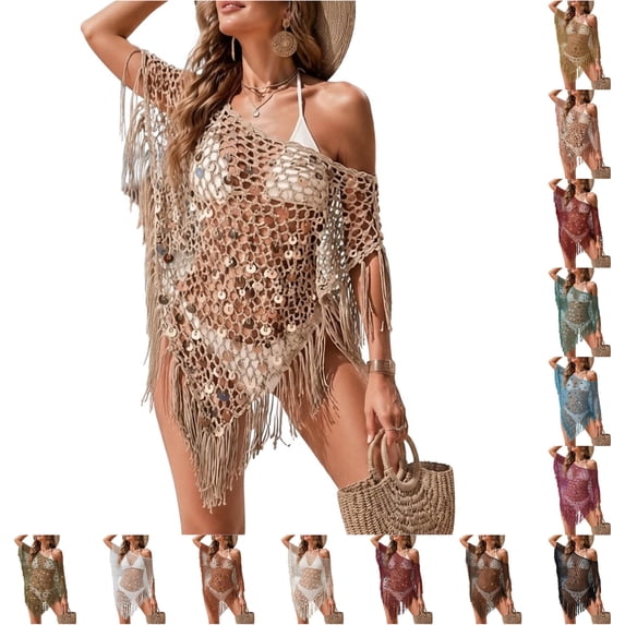 Kingdiese Womens Sequin Knit Triangle Shawl Fashion Tassel Asymmetric Cape Swimwear Cover Up Knit Cover Ups for Swimwear Women, Size M