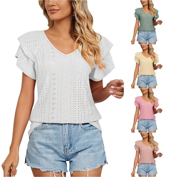 Kingdiese Womens Summer Casual V Neck Short Sleeve T Shirt Loose Fit Double Layer Sleeve And Collar Top Trashier Shirts, Size L