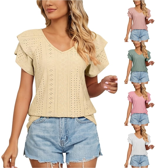 Kingdiese Womens Summer Casual V Neck Short Sleeve T Shirt Loose Fit Double Layer Sleeve And Collar Top Trashier Shirts, Size XL
