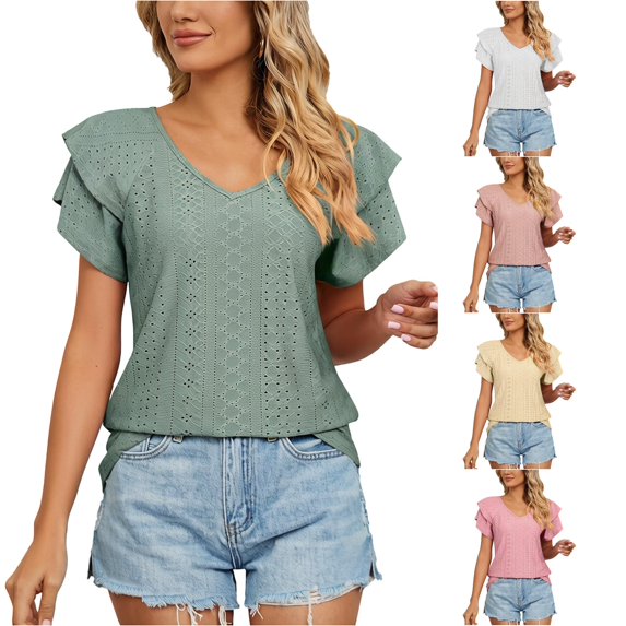 Kingdiese Womens Summer Casual V Neck Short Sleeve T Shirt Loose Fit Double Layer Sleeve And Collar Top Trashier Shirts, Size XXL