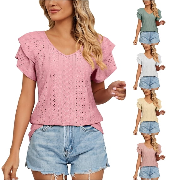 Kingdiese Womens Summer Casual V Neck Short Sleeve T Shirt Loose Fit Double Layer Sleeve And Collar Top Trashier Shirts, Size XXL