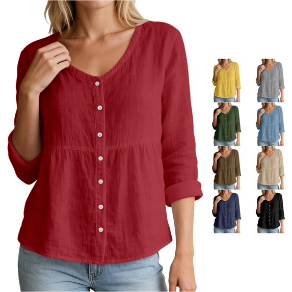 Kingdiese Womens V Neck Solid Color Long Sleeved Button Down Blouse Casual T Shirt Loose Tees for Women, Size L
