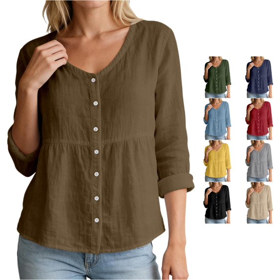 Kingdiese Womens V Neck Solid Color Long Sleeved Button Down Blouse Casual T Shirt Loose Tees for Women, Size L