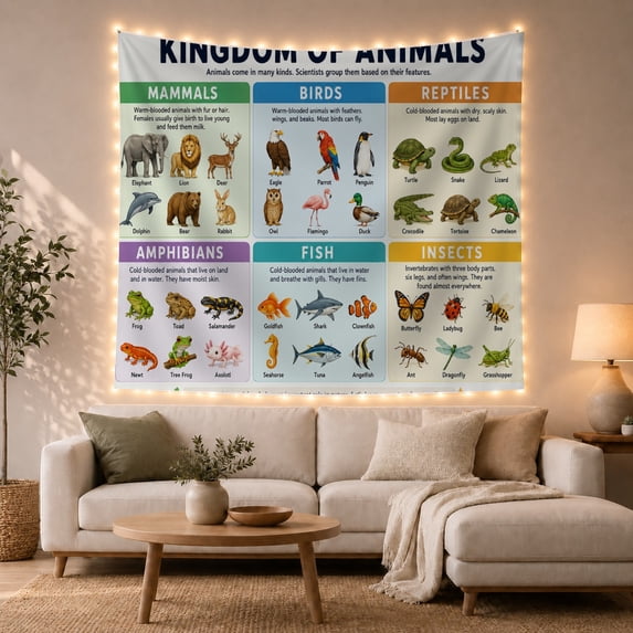 Kingdom of Animals Chart on White Background, Playful Illustration for Teachers, Educational Wall Art, Back to School Gift, Tapestry Wall Hanging for Classroom and Playroom