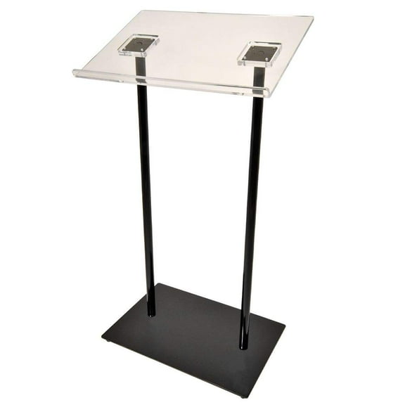 Kingdom Durable Contemporary Metallic Lectern/Podium/Pulpit with Double Slim Column Cylindrical Poles, a Clear Acrylic Top, and a Rectangular Metallic Base - Black