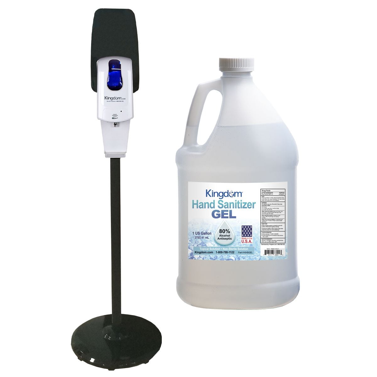 Kingdom Elite Series Touchless Hand Sanitizer Dispenser with Black Metallic Stand and 1 Gallon of 80% Alcohol Hand Sanitizer