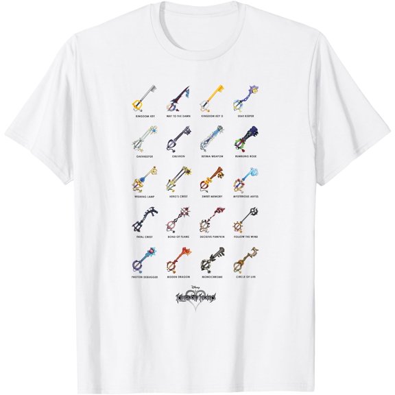 Kingdom Hearts Keyblades with Names DTG Print Unisex T-Shirt,White Color,Size L