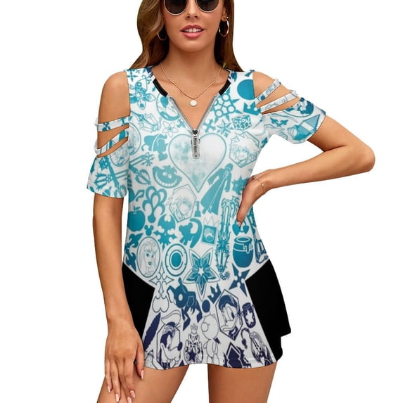 Kingdom Hearts-Keyhole ( Blue ) Ruffle Short Sleeve T Shirt Women Summer T Shirts V Neck Tee Tops Kingdom Hearts Kingdom Hearts