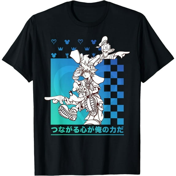 Kingdom Hearts Sora Donald Goofy Kanji Checkerboard DTG Print Unisex T-Shirt,Black Color,Size 4T