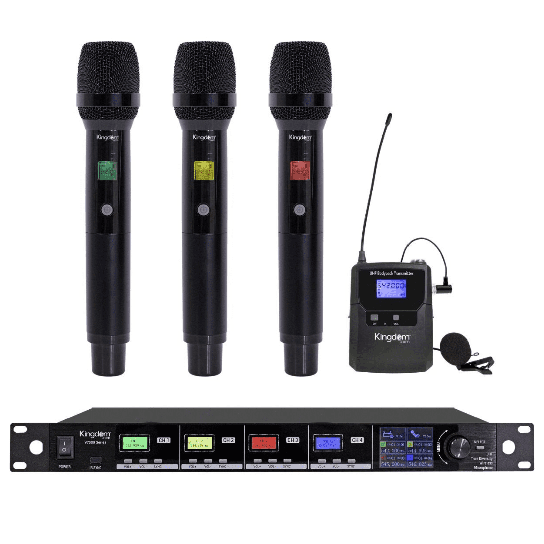 Kingdom SYS70003H1L True Diversity UHF Wireless Mic System, 3 Handheld + Lavalier
