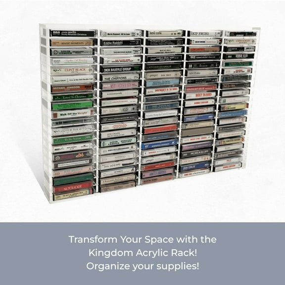 Kingdom TMOV100 Acrylic Wall Mount 100 Movable Divider Cassette Tape Rack/Stamp Pad Rack for Easy Sorting and Organizing of Cassette Tapes, Stamp Pads, Playing Cards, Card Decks, 8mm Frame