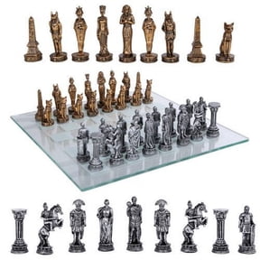 Kingdoms at War Egyptian VS Roman Resin Chess Pieces With Glass Board Set