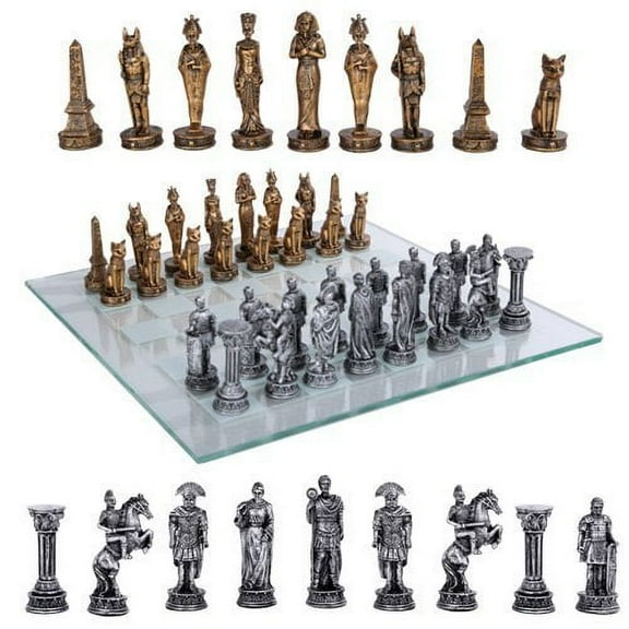 Kingdoms at War Egyptian VS Roman Resin Chess Pieces With Glass Board Set
