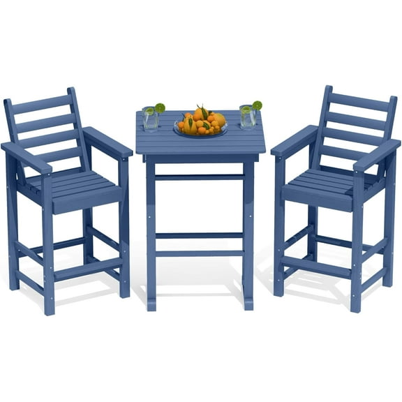 Kingdura Balcony Adirondack Chairs and Table 3 Pieces Set, Adirondack Bar Height Chairs Set of 2 with Matching Bar Table, HDPE Outdoor Bar Stools Set for Bistro, Garden, Poolside (Navy Blue)