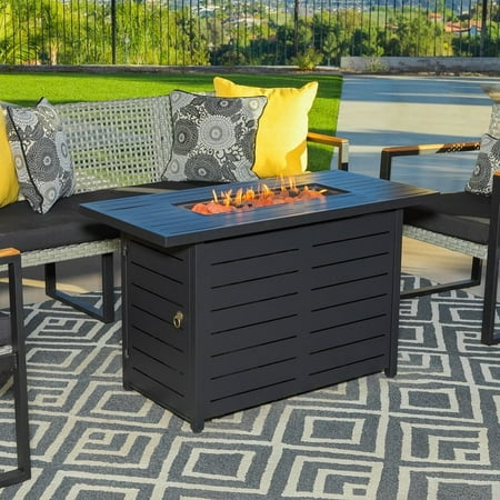 Kinger Home Ore Black 42-Inch Rectangle Fire Pit Table with Lava Rocks