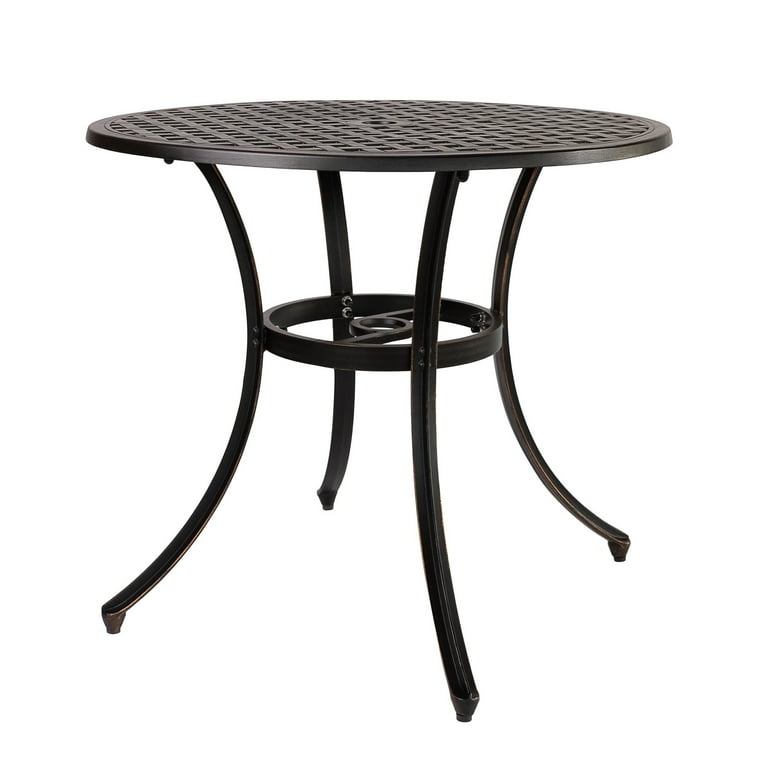 Kinger Home Outdoor Dining Table 34 Inch Large Round Metal Patio Table with Umbrella Hole Cast Aluminum Patio Dining Furniture Drop Leaf