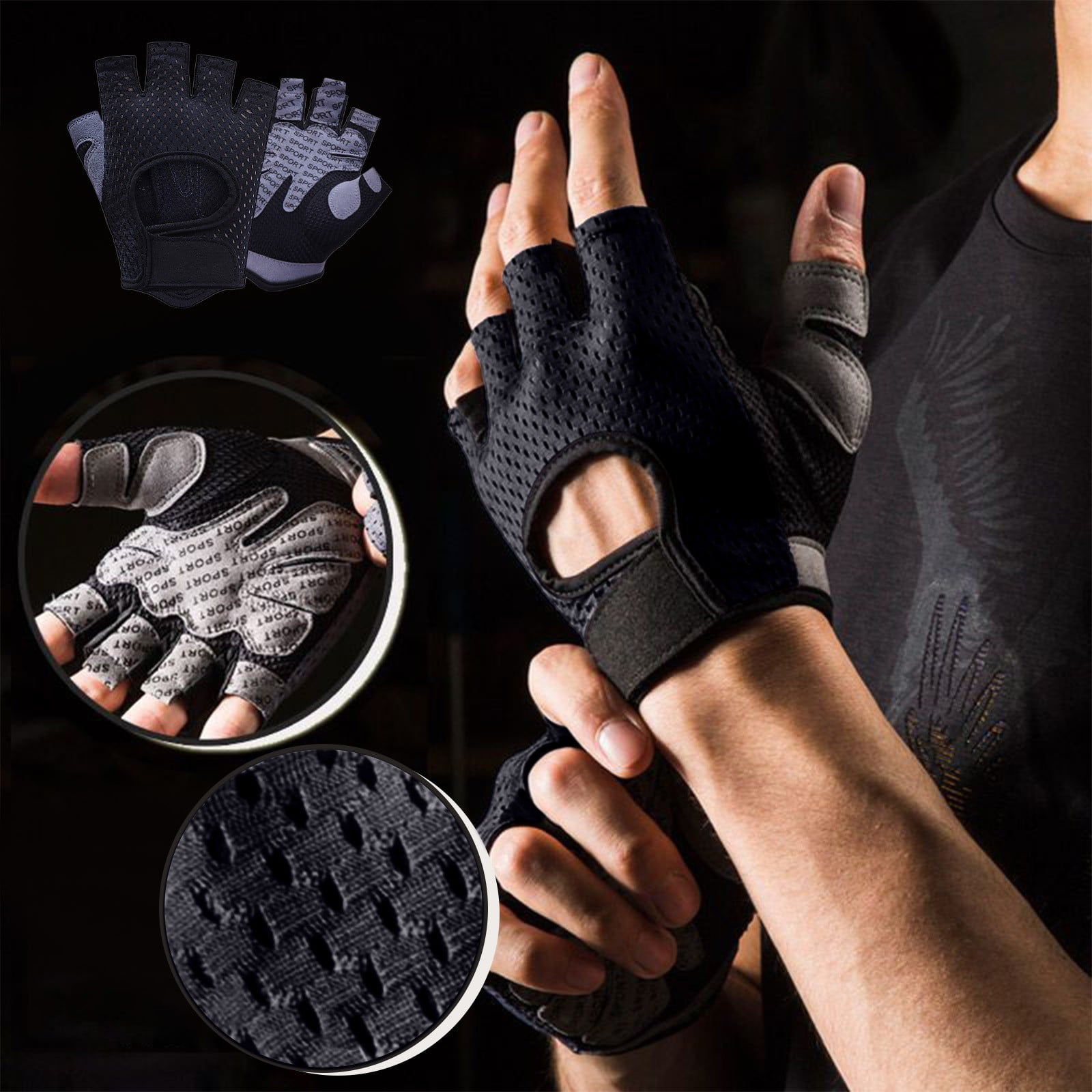 Kingfansion 2025 Breathable Mesh Half-Finger Workout Gloves Non-Slip Silicone Grip for Gym Yoga Cycling, Unisex Training Gloves With Wrist Support, 15x9.5x1cm Fitness Gloves (Black)