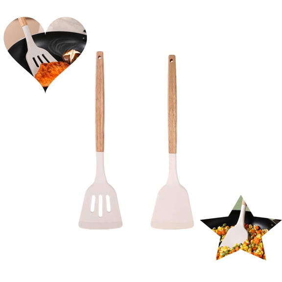 2 Pack Silicone Slotted Turner, Kitchen Spatula Utensil Wooden Handle, Cooking Spatula Set, Non-Stick Cookware, Heat Resistant Kitchen Utensil,12.6x3.11 Inch