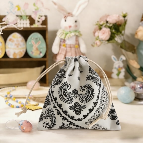 Kingfansion Drawstring Easter Candy Storage Pouch, Dustproof Gift Favor Bag, Party Supplies Pocket, Sealing Closure Portable Polyester, for Holiday Events, White