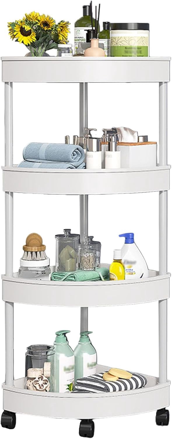 Kingfansion Four-Layer Movable Corner Rack, Plastic Bathroom Storage Shelf with Wheels, Waterproof Kitchen Organizer for Snacks/Toiletries