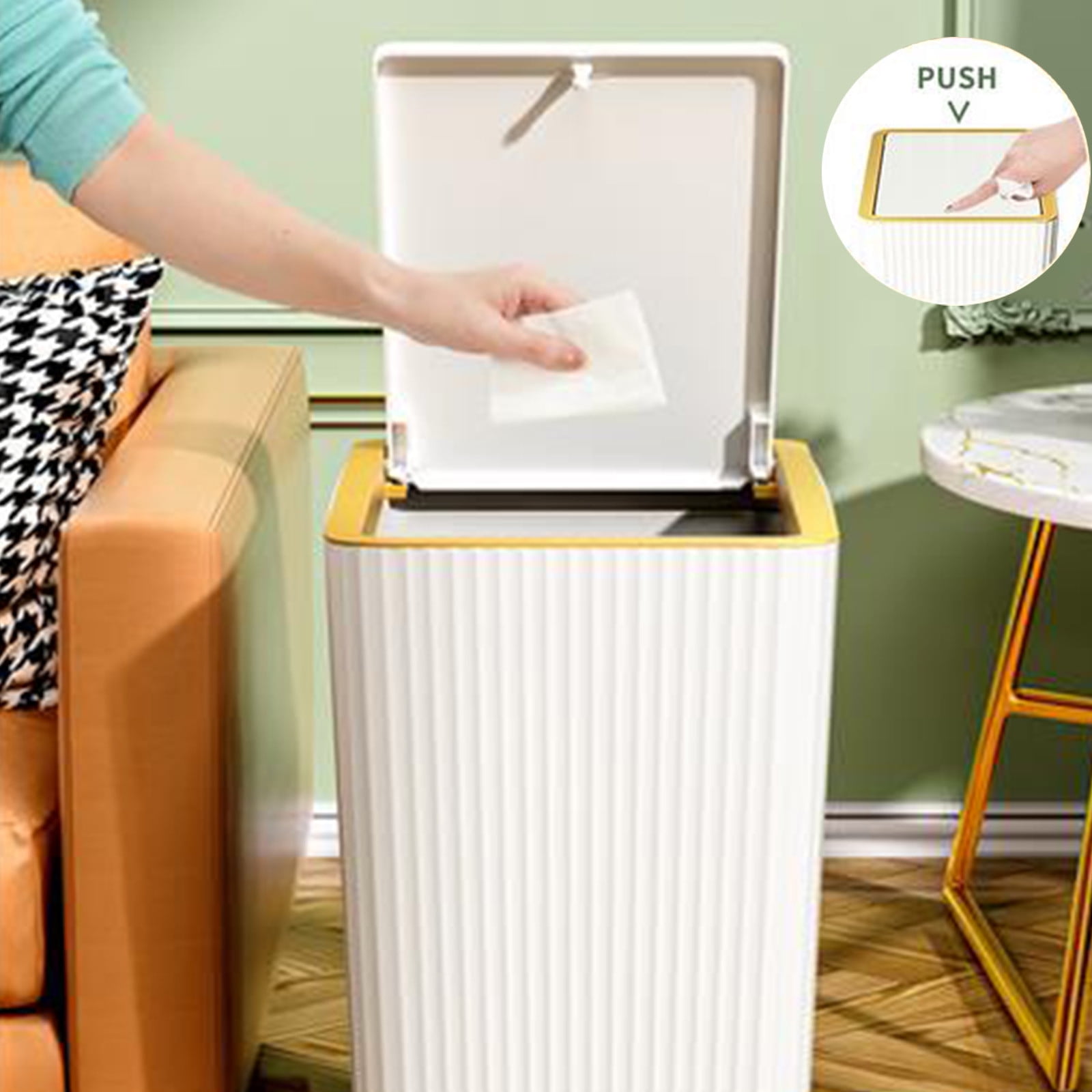 Kingfansion Press Lid Trash Can for Bathroom Kitchen, ABS Odor-Sealing Garbage Bin with Modern Design, 27x26cm Hygiene Household Bin for Bedroom Living Room Office, White