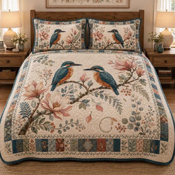 Kingfisher Bird Quilt Bedding Set, Vintage Floral Quilted Bedspread