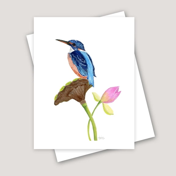 Kingfisher Bird Watercolor Greeting Card, Blank Note Card, Botanical Lotus Flower Illustration, Nature Inspired Stationery, Blue Kingfisher Bird Art for All Occasions