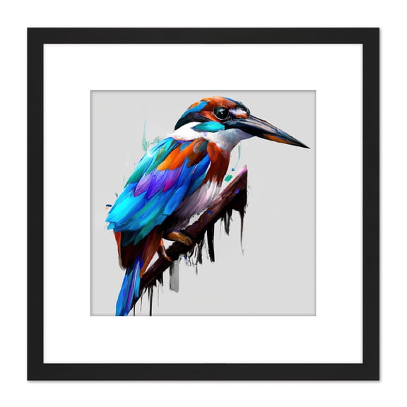 Kingfisher Bird and Branch Portrait Blue Purple Orange Acrylic Paint on White Square Wooden Framed Wall Art Print Picture 8X8 Inch