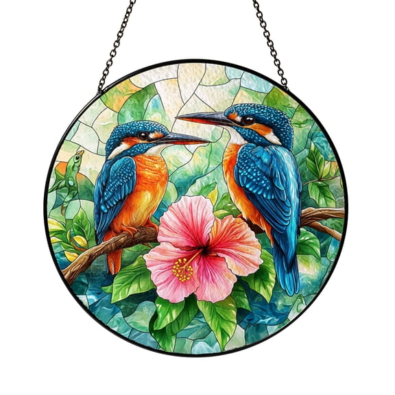 Kingfisher Birds Stained Glass Sun Catcher, Bright Round Window Panel, Gift for Garden Lovers