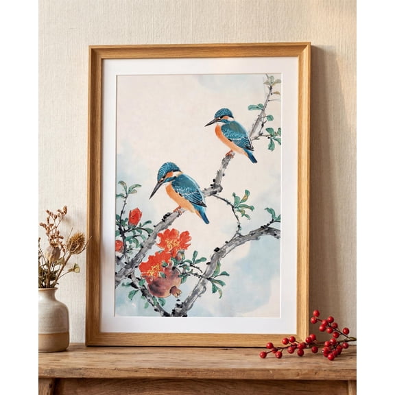 Kingfisher Chinese Bird Pomegranate Tree Wabi Sabi Accent Wall Art Unframed Paper Print