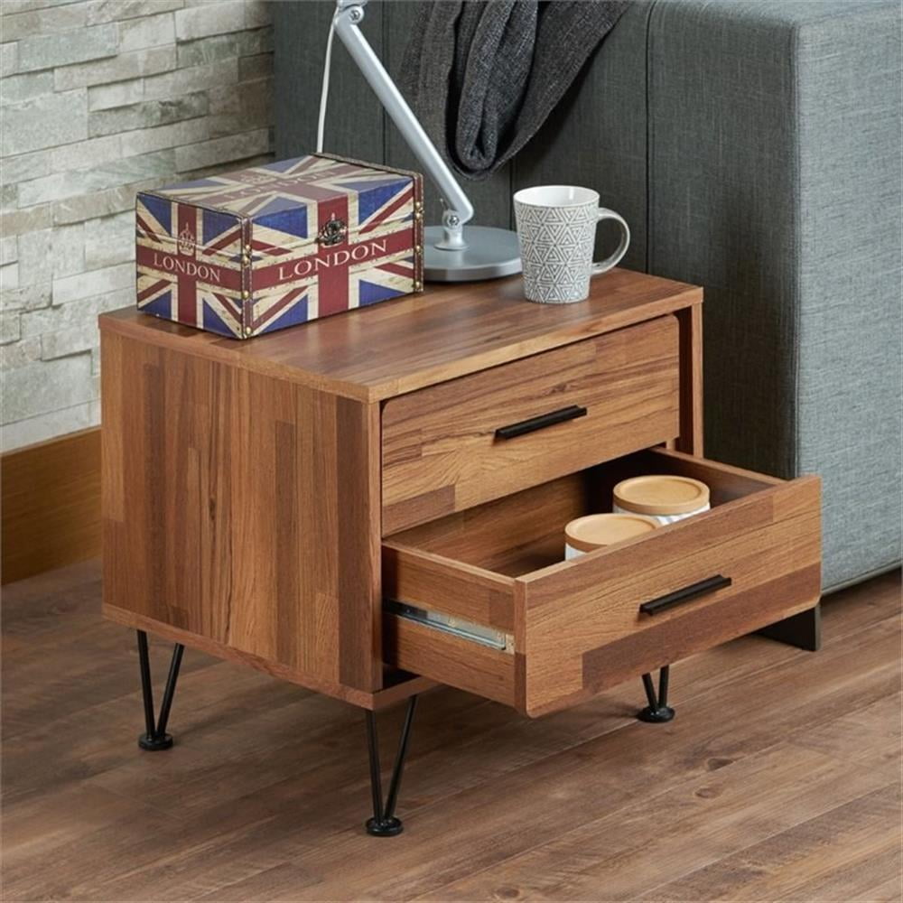 Elegant Walnut Finish 2-Drawer Accent Table with Metal Hardware